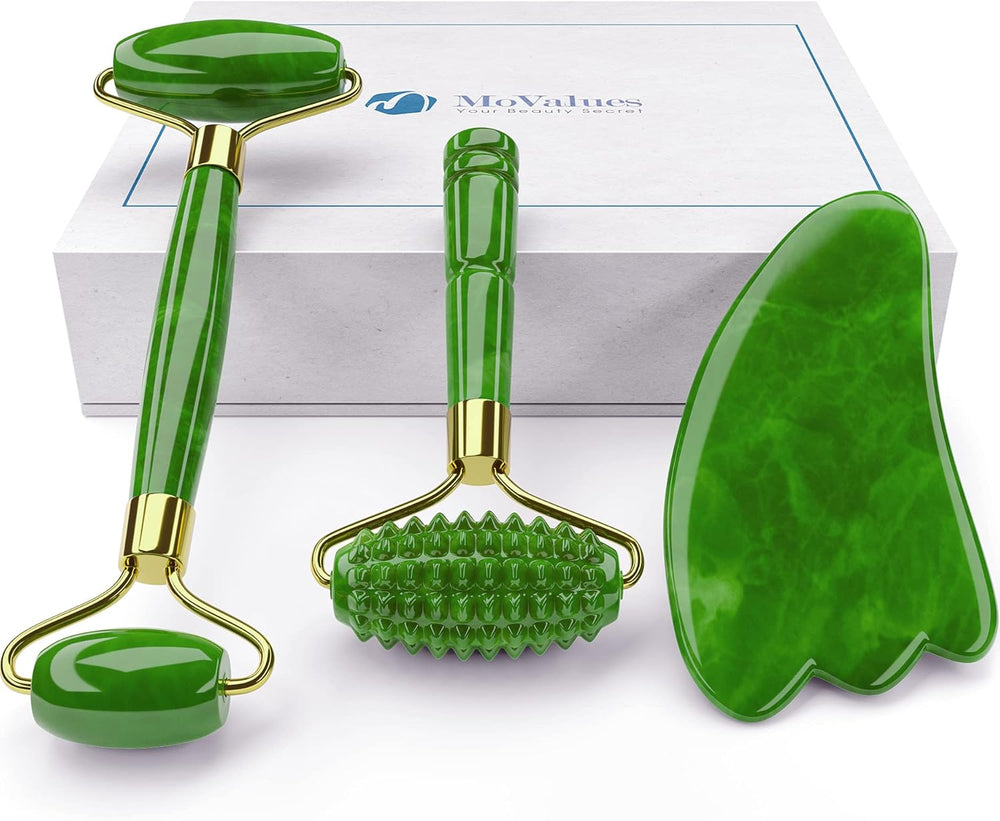 Natural Jade Roller & Gua Sha Scraping Facial Massager for Anti-Aging & Puffiness Therapy