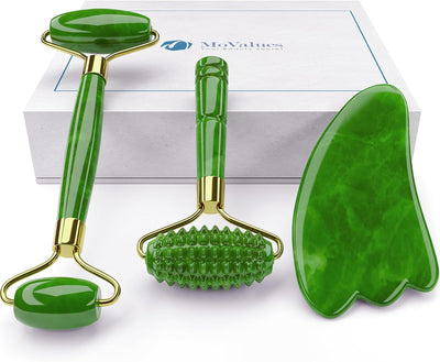 Natural Jade Roller & Gua Sha Scraping Facial Massager for Anti-Aging & Puffiness Therapy