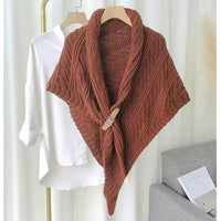 Elegant Knitted Shawl with Buckle - Versatile Cable Knit Poncho Wrap for Autumn/Winter
