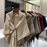 Elegant Knitted Shawl with Buckle - Versatile Cable Knit Poncho Wrap for Autumn/Winter
