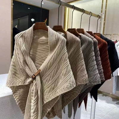 Elegant Knitted Shawl with Buckle - Versatile Cable Knit Poncho Wrap for Autumn/Winter