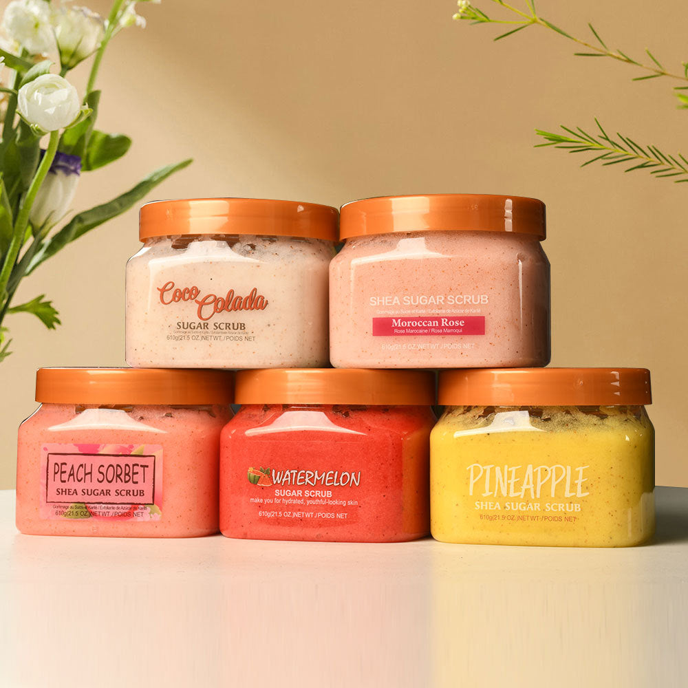 Shea Sugar Scrub – Exfoliating Body Scrub for Smooth & Glowing Skin (Coco Colada, Moroccan Rose, Watermelon, Peach Sorbet, Pineapple)