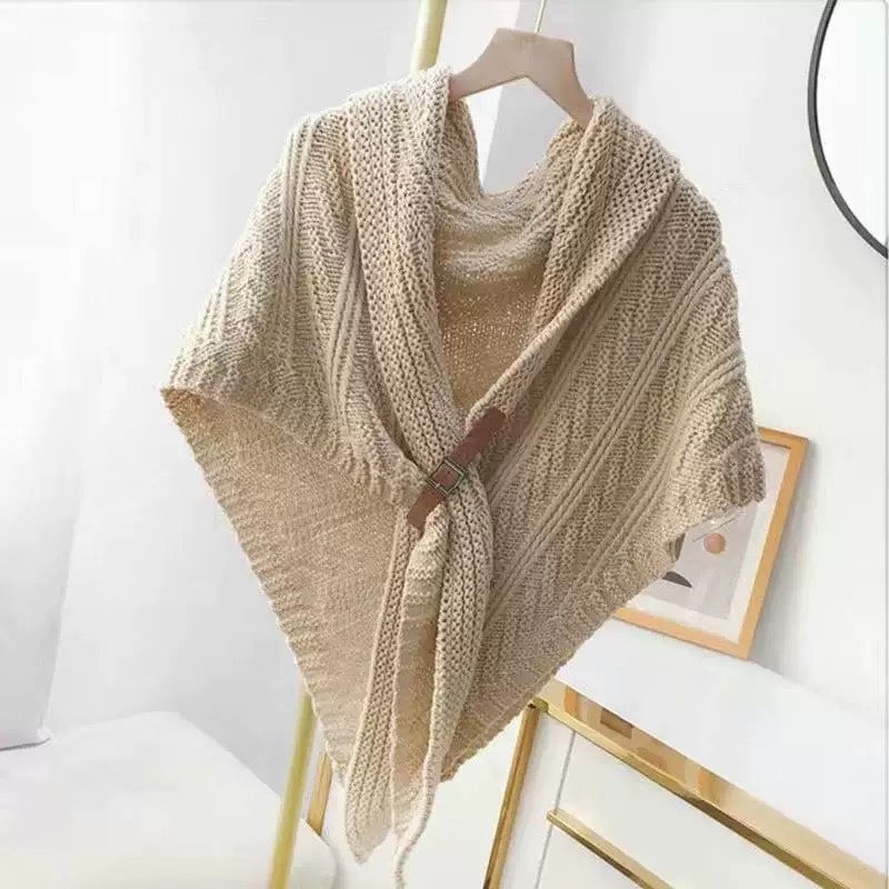 Elegant Knitted Shawl with Buckle - Versatile Cable Knit Poncho Wrap for Autumn/Winter